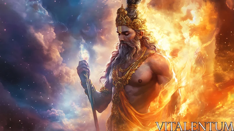 Celestial fire king drifting through a glowing cosmic storm.