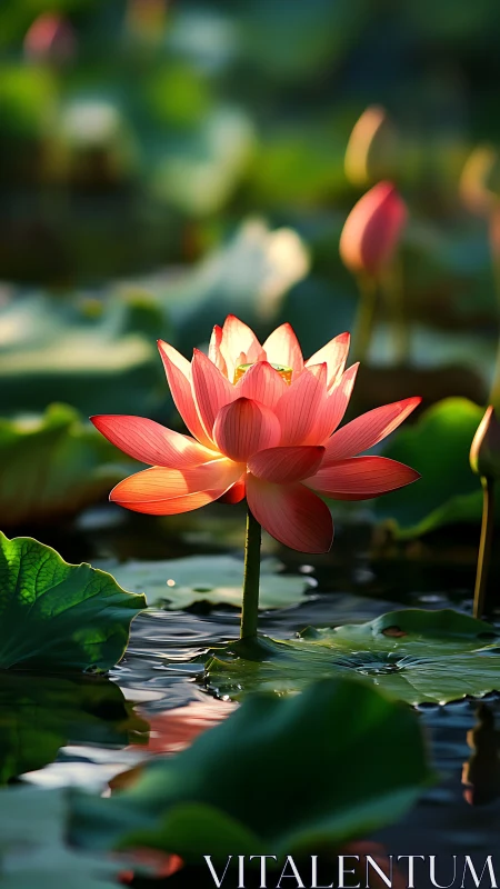 Sunlit lotus bloom rises serenely from reflective waters.