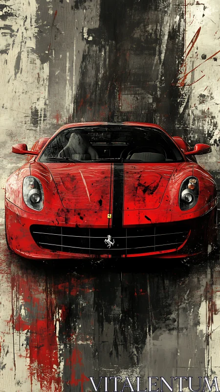 Red sports coupe front view over abstract paint field.