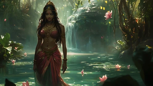 Forest goddess wades through a lotus-lit waterfall sanctuary.