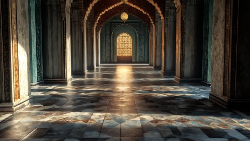 Sunlit arched corridor with tiled floor and ornate columns.
