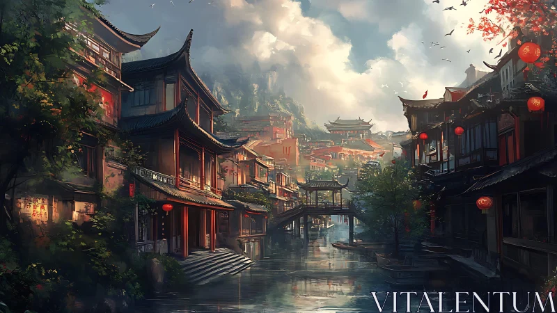 Lanternlit canal town dreaming under cloud-bright mountains.