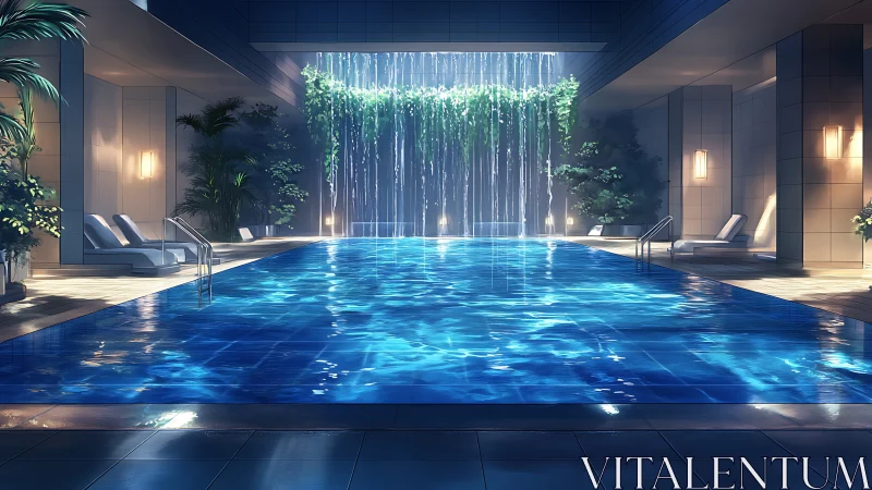 Luminous indoor infinity pool with cascading water curtain.