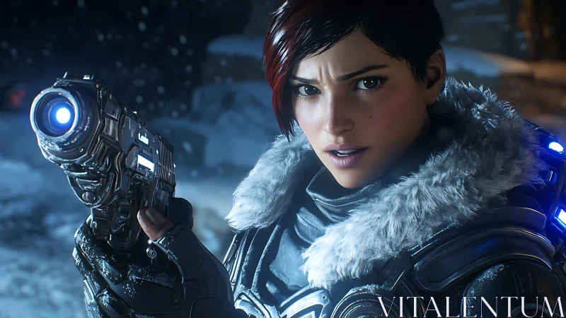 Armored space warrior aims glowing pistol in snowstorm.