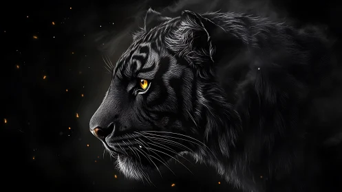 Profile illustration of black tiger with glowing eye detail.