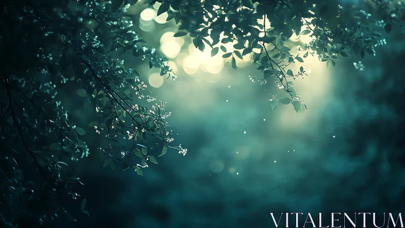 Dreamy Sunlit Forest Branches with Bokeh and Soft Green Tones.