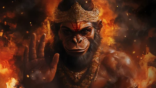 Divine ape warrior with crown amid intense fiery glow.