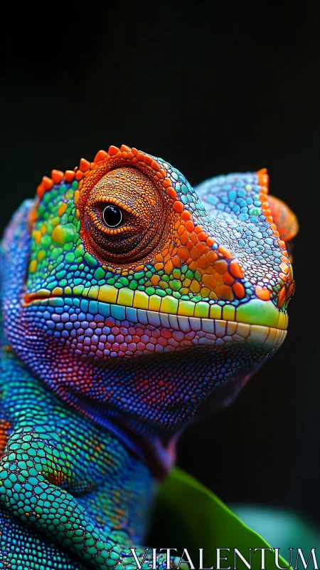 Hyperreal macro portrait of multicolored chameleon skin.