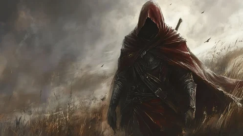 Hooded rogue in crimson cloak crossing stormlit wasteland.