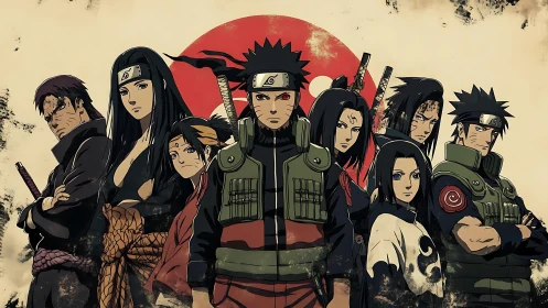 Legendary anime ninjas stand united before rising sun.
