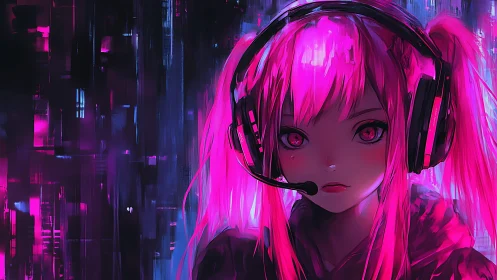 Neon gamer girl portrait in cyberpunk streaming headset design.
