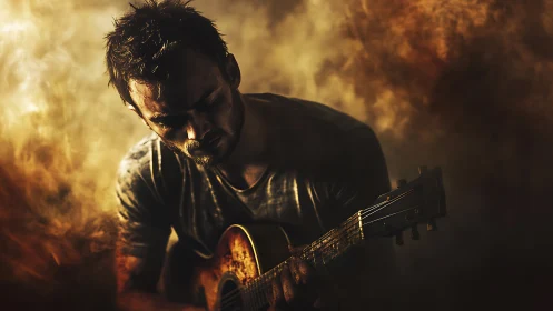 Moody guitarist lost in golden smoke and heartfelt sound.