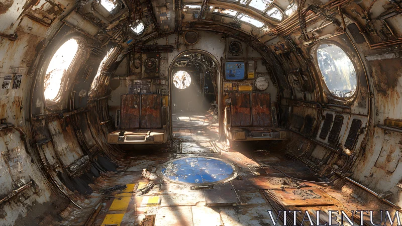 Abandoned rusted spacecraft interior lit by soft daylight.