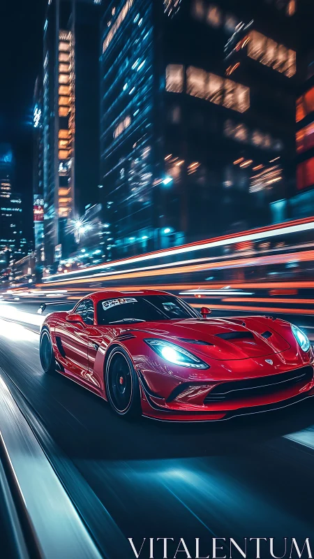 Red sports car on city street with motion blur at night.