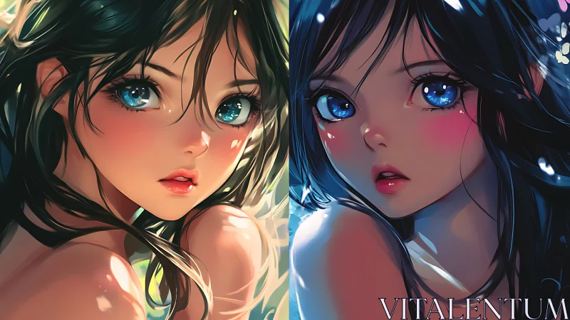 Dual anime portraits with luminous blue-eyed gaze.