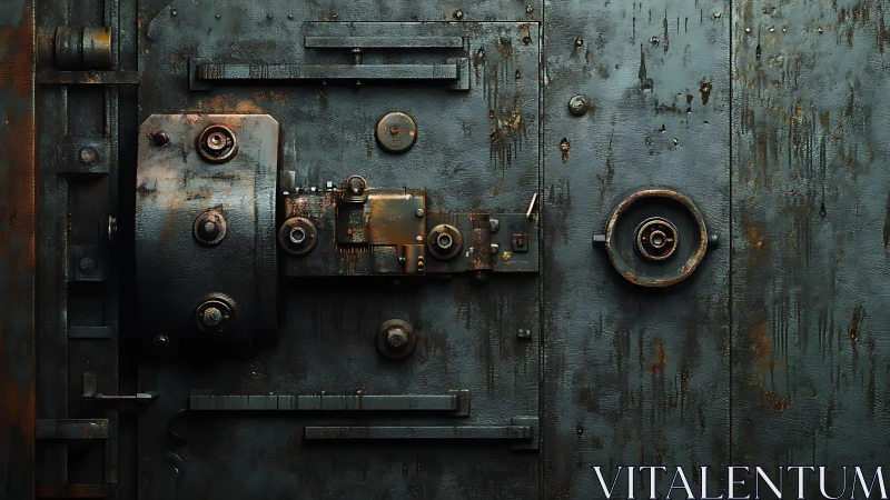 Aged steel vault door stands weathered yet unbroken in silence