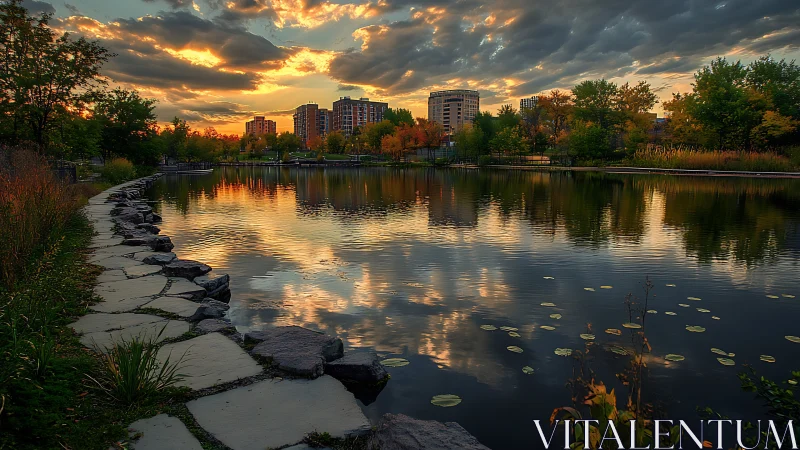 Golden hour city pond with glowing clouds and quiet stones.