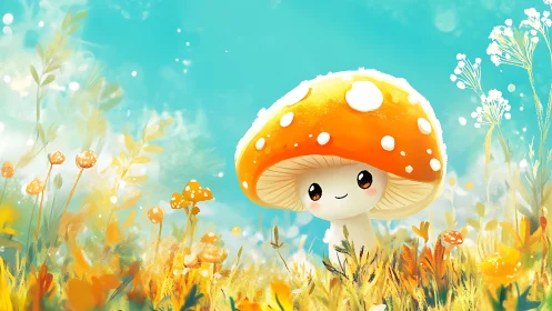 Chromatic meadowscape with anthropomorphic toadstool subject.