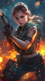 Battle-hardened female soldier advances through raging fire.