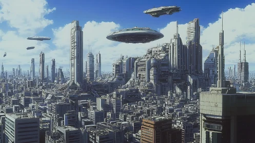 Futuristic sci fi megacity skyline with flying vehicles.