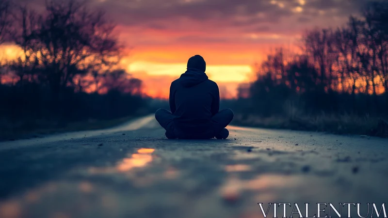 Solitary figure sits on a quiet road beneath a burning sunset