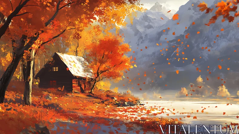 Autumn cabin beside misty lake under towering mountains.