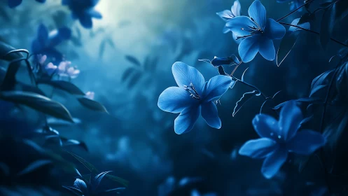 Blue Floral Composition: Ethereal Flowers in Soft-Focus Botanical Study
