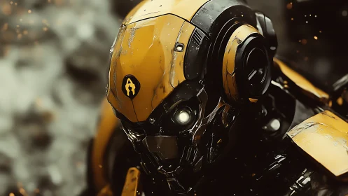 Yellow armored humanoid robot head rendered with worn plating