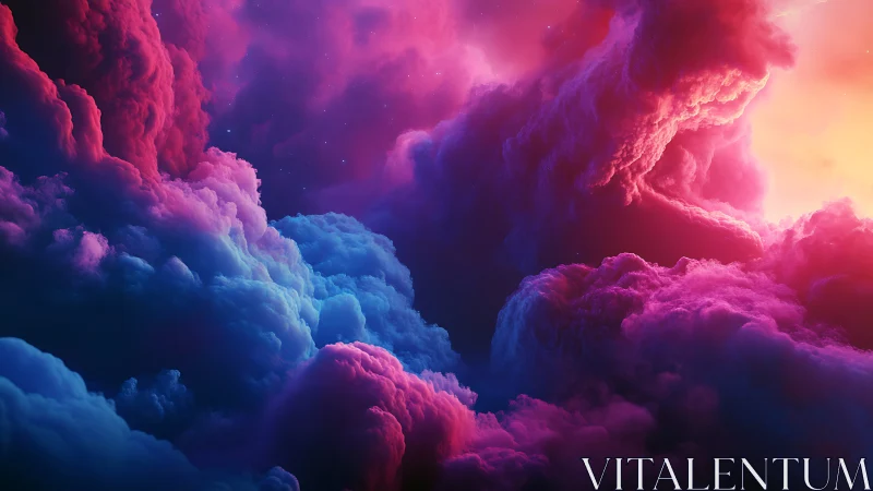 Dreamy neon clouds drift through a glowing cosmic sunset sky