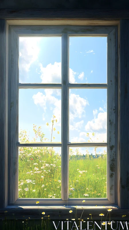 Sunlit meadow framed through rustic cottage window.