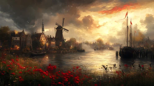 Riverside Dutch town with windmill, moored boats and sunset sky.