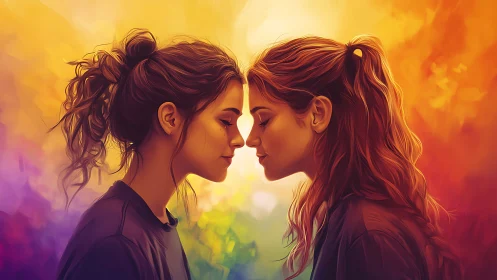 Two profiles facing inward against warm gradient background.