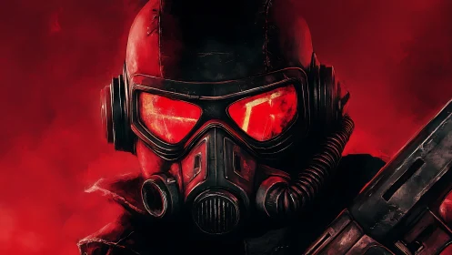 Crimson wasteland ranger in burning-mask battle calm.