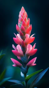 Tropical Flower Spike with Gradient Pink Petals Against Deep Teal Background