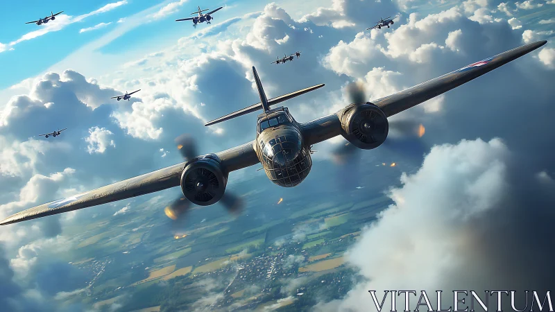 Aerial formation of twin‑engine bombers in dynamic cloudscape.