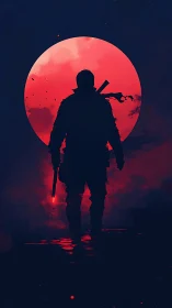Silhouetted armed figure stands before large red moon