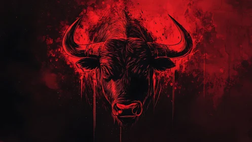 Fierce bull head glows in bold red against dark shadows