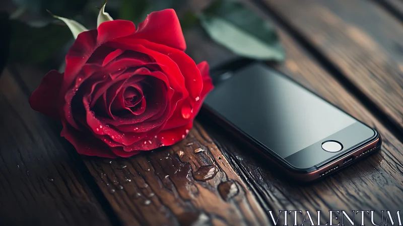 Red Rose with Smartphone on Wooden Surface.