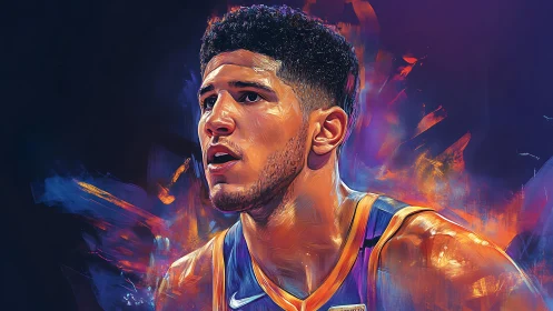 Basketball player portrait rendered in vivid digital brushstrokes