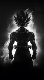 Silhouetted anime warrior in blazing monochrome aura.