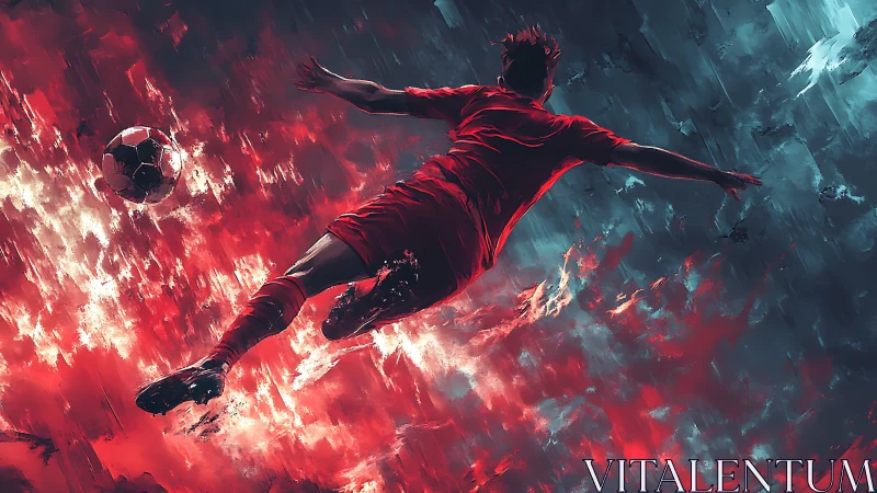 Soccer player in midair kick within red and blue field.