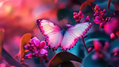 Pink and violet butterfly on flowers in soft blur field.