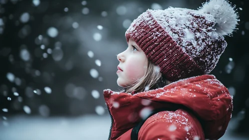 Child in Winter Snow: Serene Portraiture with Crystalline Atmospheric Depth.
