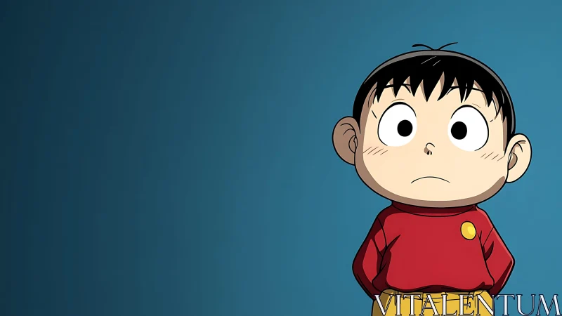 Wide-eyed cartoon kid paused in a quiet blue moment.