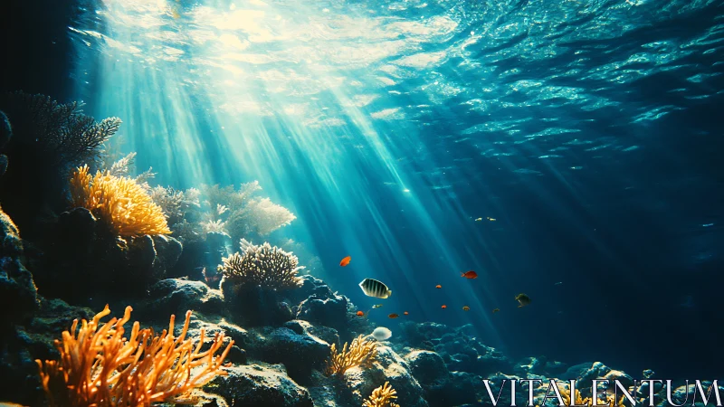 Digital painting of sunlit reefscape with radiant coral structures.