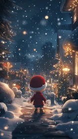 Child in red coat wanders through snowy Christmas village at night.