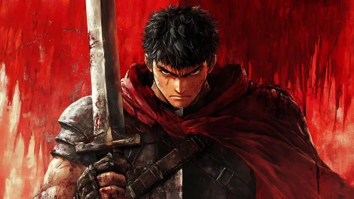Battle-hardened swordsman stands before a blood-red storm.