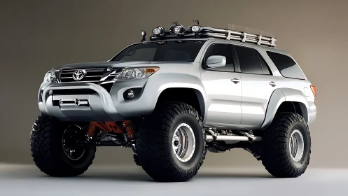 Titan-white off-road SUV towering on monster tires.