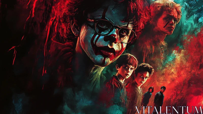 Horror ensemble portrait with clown makeup and neon duotone lighting