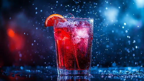 Carbonated red beverage with citrus garnish against bokeh background.